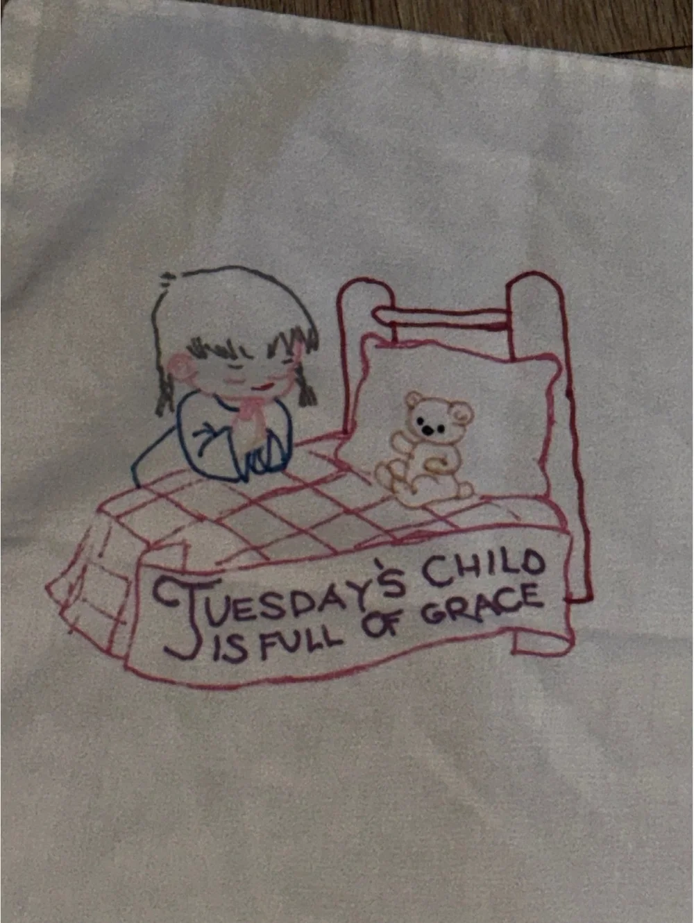 Vintage Monday’s Child Stamped Embroidery Pillowcase D76